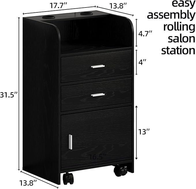 4ever2buy Salon Station for Hair Stylist, Black Beauty Barber Station, Salon Trolley Cart with Wheels, Mobile Organizer for Salon, Spa, Barbershop, Nail & Beauty Tools, Black