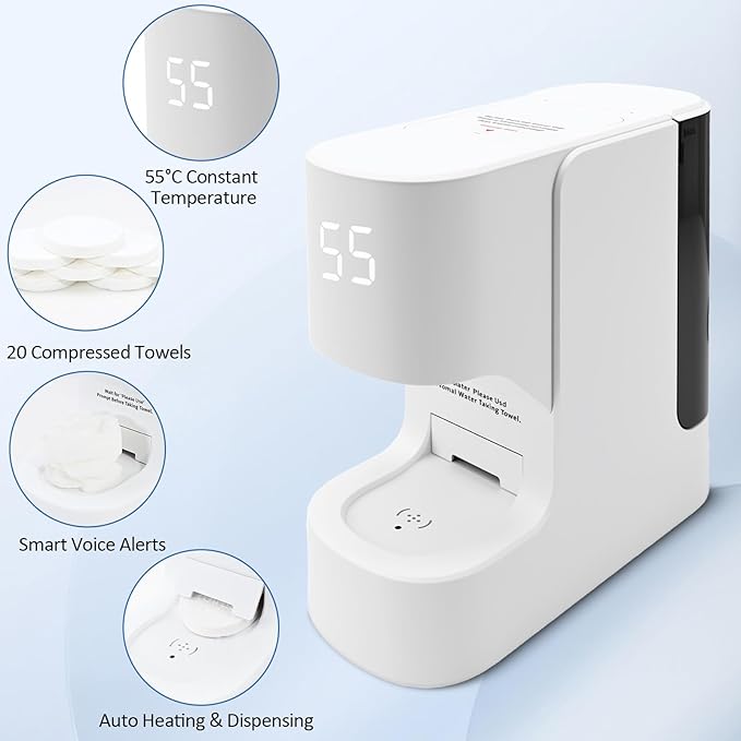 Hot Face Towel Warmer with Voice Alert - 5-Second Fast Heating & Automatic Dispenser, Constant 55°C (131°F) Temperature Control, Includes 20 Compressed Towels (Towel Machine)