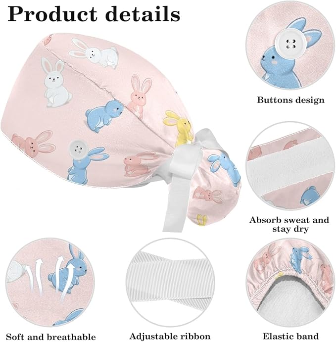 Scrub Caps Women Ponytail Cute Pink and White Leaves Caps Bouffant Working Hat Elastic Tie Back Hats with Button