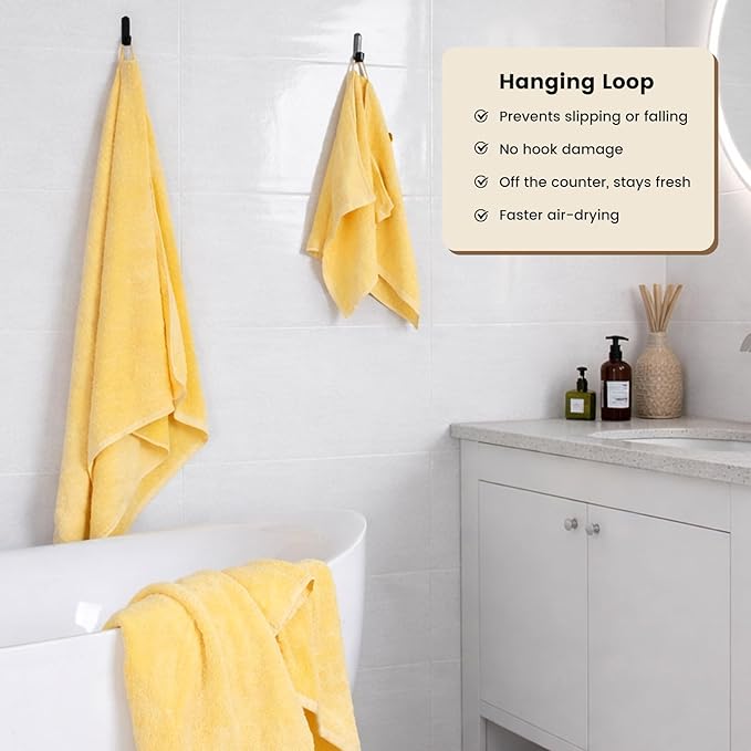 SEMAXE 4 Piece Yellow Bath Towel Set for Bathroom, 100% Cotton Bath Towels with Hanging Loop, 55 x 27 Inch, Soft Absorbent & Quick Dry, for Home