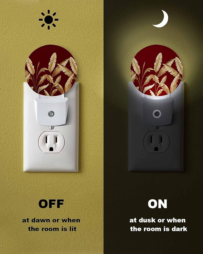 Night Lights Auto Sensor Golden Foliage Night Light Red Minimalist Leaf Round Lamp Plug-in LED Nightlights Dusk to Dawn for Living Room Bedroom Bathroom Hallway Wall Decor