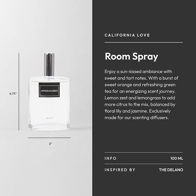 Aroma360 Room Spray - Hotel Air Freshener - Aromatherapy Oil Spray - Scents Inspired by The Delano - Scent Includes Green Tea, Lemongrass & Lily - California Love, 100mL/3.38 fl oz