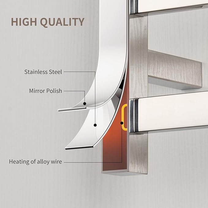 Wall Mounted Towel Warmer Square 6 Bars with Plug-in and Hardwired Options 3 Working Modes Mirror Polished Stainless Steel 24”W 34”H