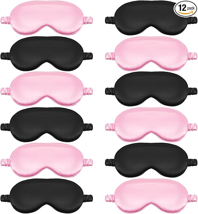 Cutecrop 12 Pcs Silk Sleep Masks Soft Satin Eye Masks with Adjustable Elastic Strap for Sleeping Comfortable Blindfold Eyeshade for Men Women Nap Night Travel Gifts(Black, Pink)