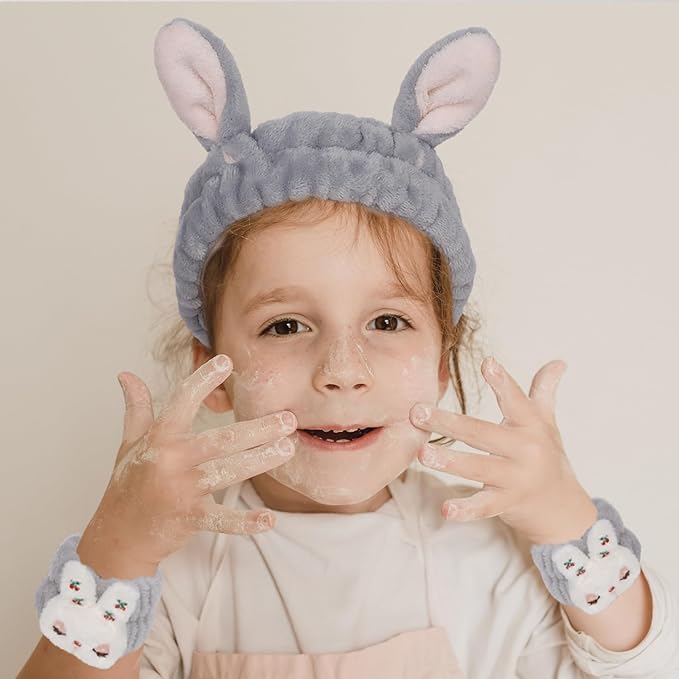 YISSION 4PCS Spa Headband cat/bear/Snail/Bunny Ears Head Band for Face Wash Makeup Skincare Facial Headband Elastic Hair Band Microfiber Headbands for Women Girls