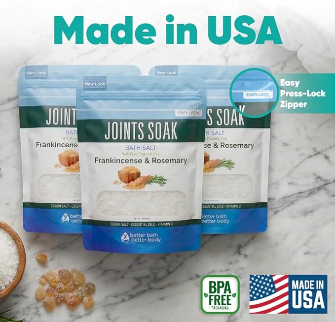 Joints Bath Soak (3 Pack) Soothing Epsom Salt with Rosemary and Frankincense Essential Oils Plus Vitamin Crystals in BPA Free Pouch Three 2 lbs Pouches 6 Lbs Total