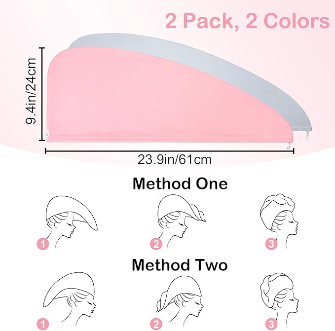 Basumee Microfiber Hair Towel Wrap for Kids 2 Pack Rapid Drying Hair Towel with Button Hair Turbans for Wet Hair Wraps Head Towel Wrap for Women and Girls