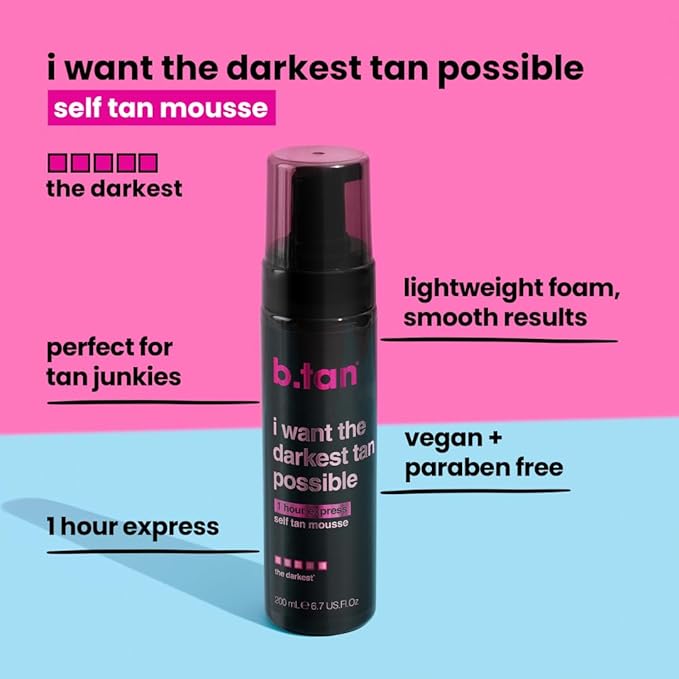 b.tan Ultra Dark Self Tanner Mousse | I Want The Darkest Tan Possible - Fast, 1 Hour Express Sunless Tanning Foam, Golden Bronzing Glow, Face & Body, No Fake Tan Smell, Vegan, Cruelty Free, 6.7 Fl Oz