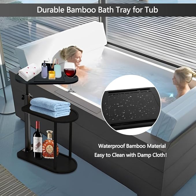 3 Layer Bathtub Tray Table,Bamboo Swivel Bathtub Side Table Height Adjustable,Freestanding Bathtub Tray for Tub Against Wall,Bathtub Accessories&Bathroom Organizer for Luxury Home Spa (Black)