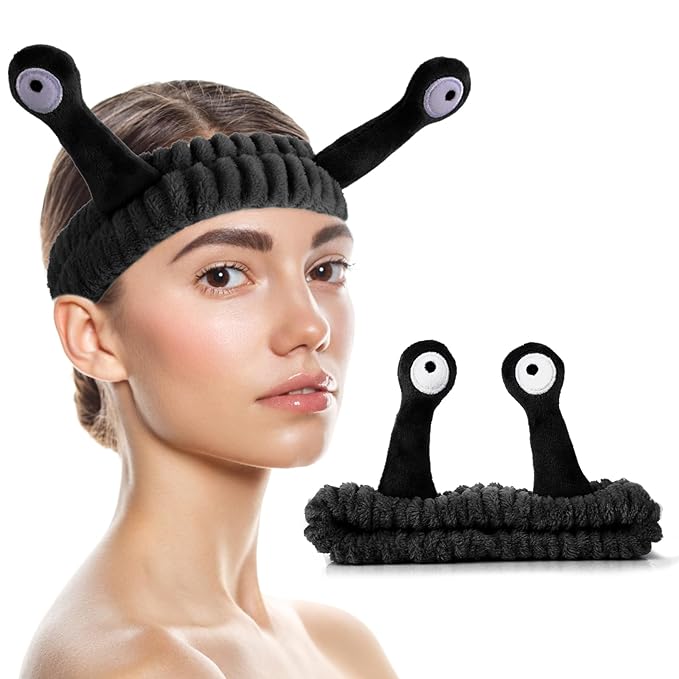 WLLHYF Spa Headband Facial Makeup Head Band Microfiber Soft Coral Fleece Head Wraps Snail Cartoon Cute Hair Accessories Elastic Skincare Hair Band for Women Girls Washing Face Beauty (Black)