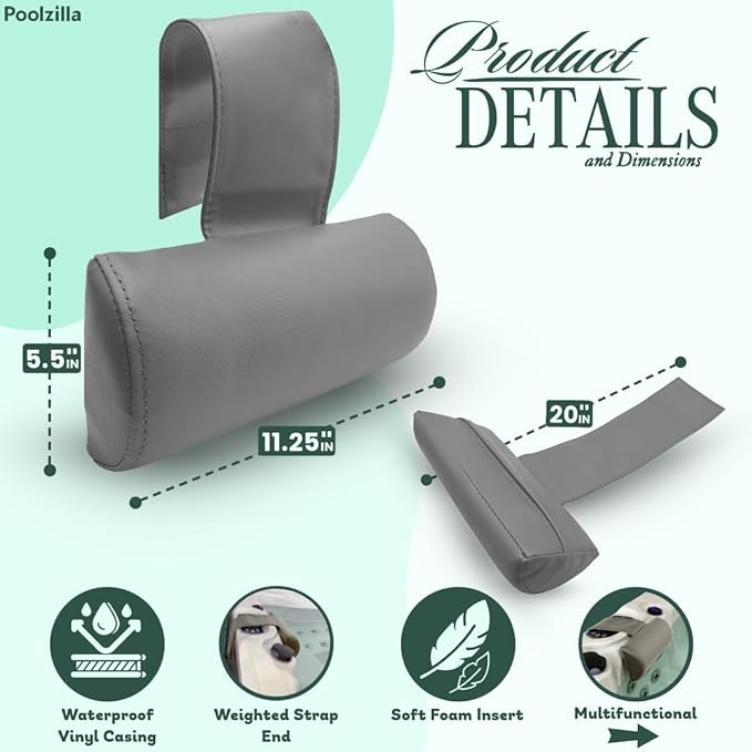 Poolzilla Universal Grey Spa Pillow, (1 Pack) Made of Soft Foam for Outdoor Hot Tubs and Chaise lounges - Adjustable Headrest and Weighted that Fits Any Spa