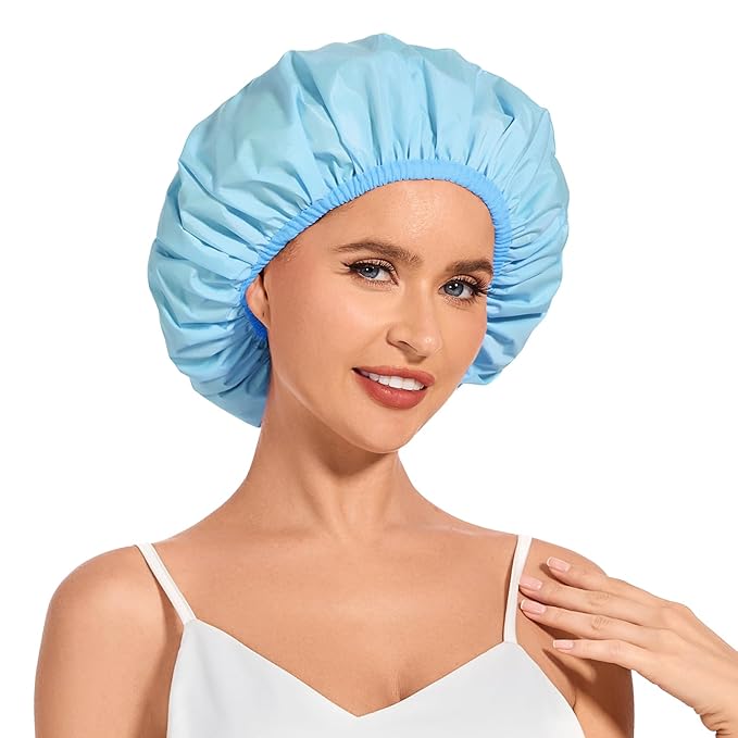 Shower Cap for Women Waterproof Reusable, Large Shower Cap Non-Slip with Elastic Band, Washable Bath Hair Hat for Long Hair, Braids (Light Blue)
