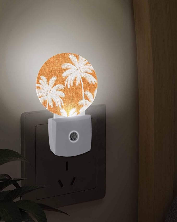 Night Lights Auto Sensor Tropical Palm Trees Night Light Orange Linen Coastal Round Lamp Plug-in LED Nightlights Dusk to Dawn for Living Room Bedroom Bathroom Hallway Wall Decor