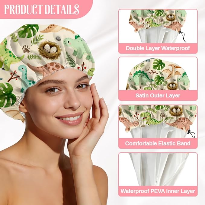 Dinosaurs Leaves Reusable Shower Cap Cute Double Layer Waterproof Shower Caps Large Elastic Hair Cover Adjustable Hair - Drying Caps for Woman Bath SPA Travel One Size Fits Most