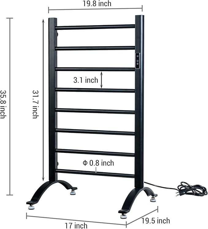 MyGift Hotel Series Matte Black Carbon Steel Towel Warmer Rack with 8 Heating Bars and LED Temperature Timer Control, Freestanding or Wall Mounted Electric Bath Towel Warming Holder