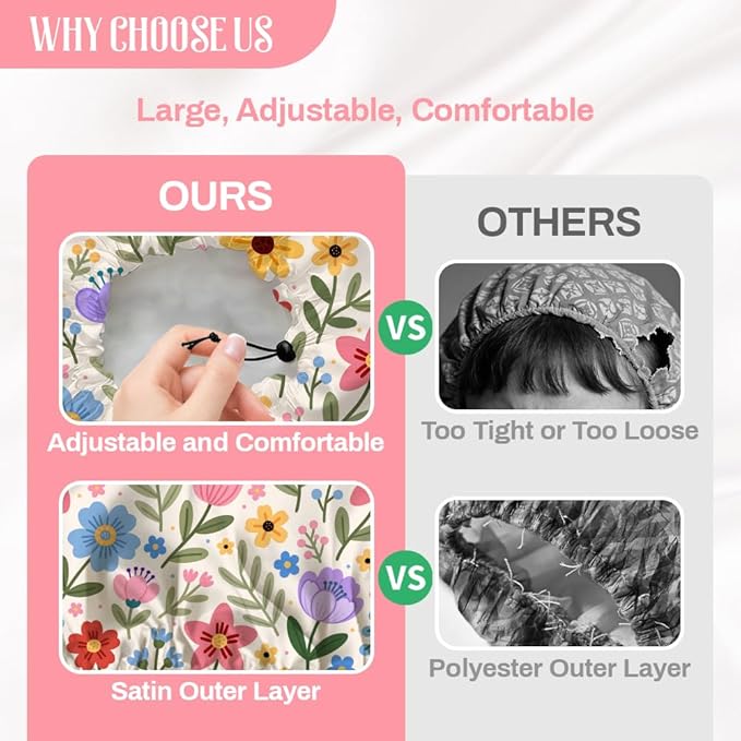 Bohemian Floral Patterns Reusable Shower Cap Cute Double Layer Waterproof Shower Caps Large Elastic Hair Cover Adjustable Hair - Drying Caps for Woman Bath SPA Travel One Size Fits Most