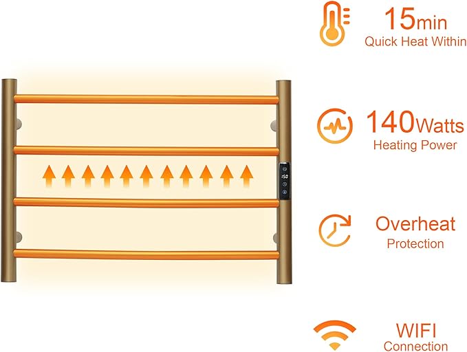 Electric Towel Rack with Voice Control for Alexa & Google Home,TUYA - Wall-Mounted Bathroom Heating Towel Warmer,Plug-in,Stainless Steel Material,16.54x23.62x5.51 in,Gold，4 Bars
