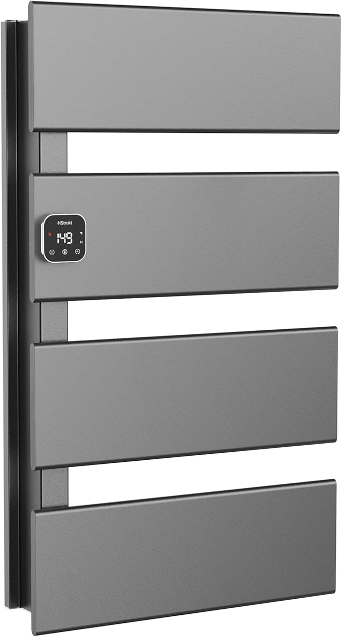 Electric Towel Warmer, Heated Towel Rack with Thermo Control and Timer, Fast Heating Towel Rail for Bathroom with Memroy Function, Work with Smart Plug, Left-Wiring, 4 Panel, Gun Gray