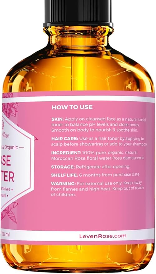 Leven Rose Pure Rose Water Spray for Face, Hair & Body - Hydrating Rosewater Toner & Facial Mist, Natural Moroccan Rosa Damascena, 4 oz