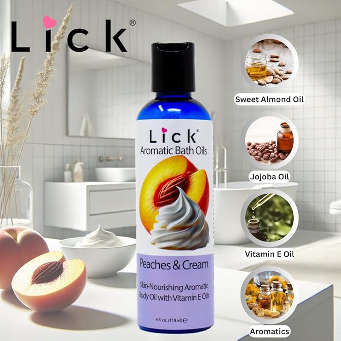 Lick Peaches and Whipped Ceam Aromatic Bath Oil - Indulgent Dessert Blends - Aromatherapy Soak Oils for Skin Softening, 4 oz