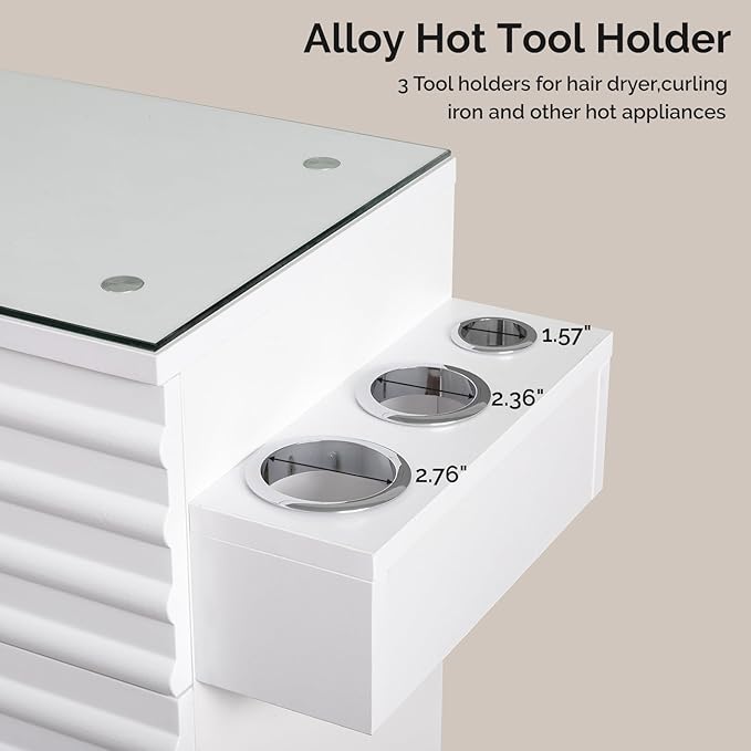 Professional Salon Station with Tempered Glass Top, 3 Drawers Hair Stylist & Barber Storage Cabinet with Heat Resistant Tool Holders, Beauty Spa & Home Organizer, White