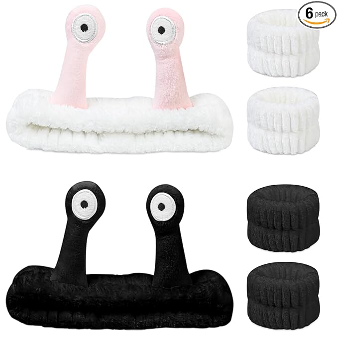 Snail Face Wash Headband Skincare & Wrist Bands for Washing Face Set Cute Spa Headband for Women and Wrist Faces Wash Bands for Shower, Facial Cleaning, Soft Coral Fleece Makeup Headbands,Black&White