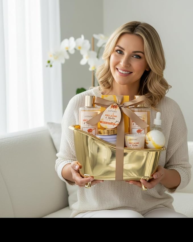 Spa Gift Baskets For Women and Men, Home Luxury Scents Honey Almond Bath Sets for Women Gift, Spa Set Spa Basket with Body Lotion, Lip Balm & More Bath Gift Set Best Gift for Her, Bath Kits Gifts