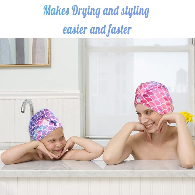 ELLEWIN Microfiber Hair Towel Wrap for Kids Girls 2 Pack Hair Turban Drying for Women Set Absorbent Quick Dry Twisty Anti Frizz Towel for Curly Long Thick Hair (Mermaid)