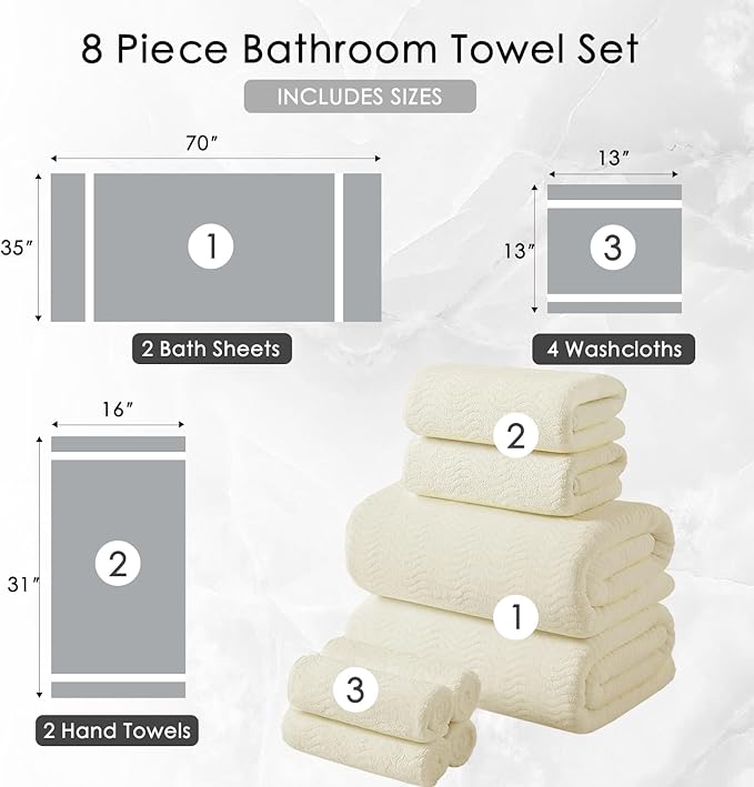 8 Piece Bath Towel Set |2 Oversized Large Bath Sheet,2 Hand Towels,4 Washcloths| Ultra Soft Cozy Bath Towel Set for Bathroom Hotel Gym Spa,Highly Absorbent Quick Dry Bathroom Towel Collections,Cream