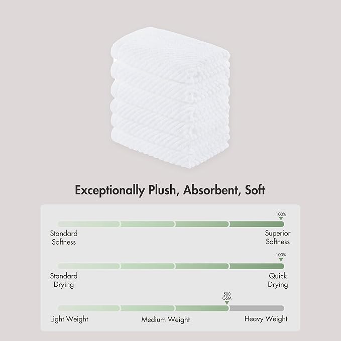 Madison Park 6-Piece Towel Washcloths Set for Bathroom 13" x 13" Diagonal Ribbed, White - 100% Cotton Soft Quick Dry & Absorbent Gift | Zero Twist, 500 GSM, Oeko-TEX, Hotel Quality