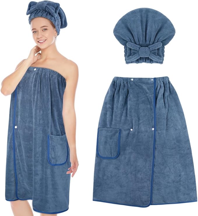 SUNLAND Microfiber Women Bath Towel Wrap and Hair Drying Towel Set,Adjustable Soft Body Wraps Dress with Hair Towels, Super Absorbent to Quick Drying 32 Inch x 60 Inch Dark Blue