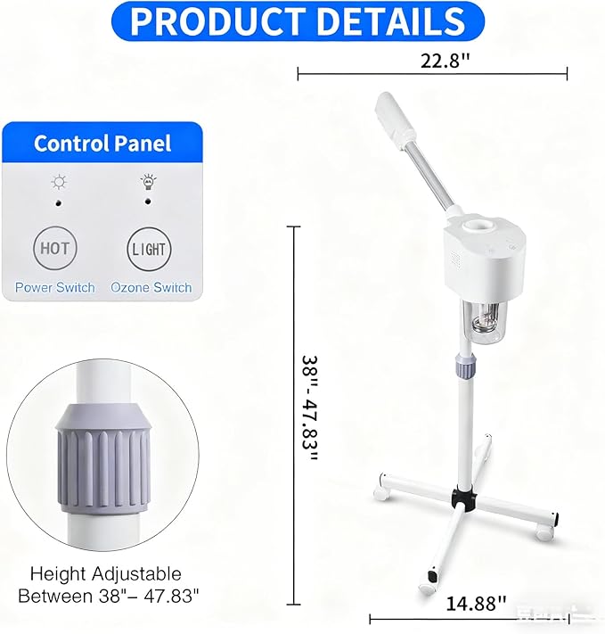 Professional Facial Steamer, Ozone & Hot Mist Spray, Stand Face Steamer for Estheticians, Deep Cleansing & Hydration, SPA & Home