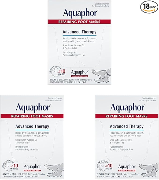 Aquaphor Repairing Foot Masks, Moisturizing Socks for Dry Feet, Hydrating Foot Care Treatment with Avocado Oil and Shea Butter, Pack of 18