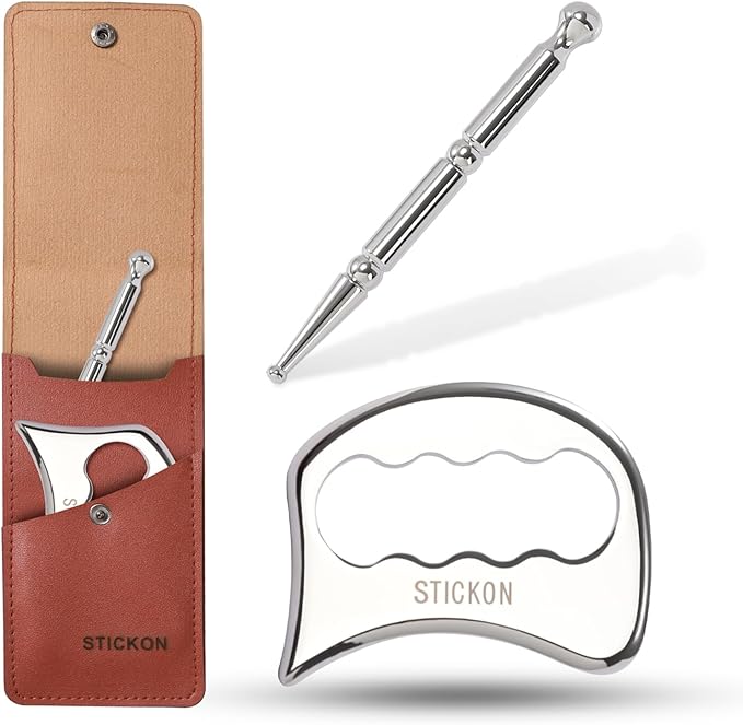 STICKON 2 in 1 Stainless Steel Gua Sha, Acupressure Pen, Physical Therapy Tools, Massage Scraper, IASTM Tools, Trigger Point Massage Tool Relief Pain Tools for Full Body(STICKON-60)