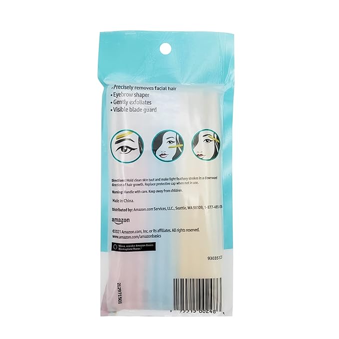 Amazon Basics Dermaplane Razor, Peach Fuzz Remover, Face Shaver for Women, Eyebrow Trimmer and Shaper, Facial Hair Removal, Exfoliating Tool with Blade Cover, Multicolor, 9 Count