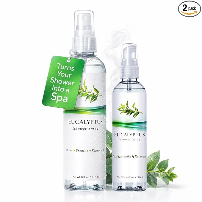 Eucalyptus Shower Spray, Essential Oil Mist for Bathrooms, Pillows, Linens, Travel Size Two Pack, Helps Sinus Relief for Steam Rooms, Spa and Sauna