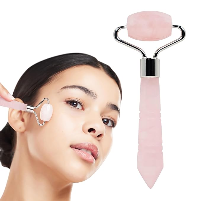Mini Rose Quartz Roller - Face Roller - Gua Sha Facial Tools, Mini Rollers for Face, Skin Care Kit for Men Women, Guasha Tools for Faces, Facial Care Reduces Under-Eye Puffiness and Dark Circles