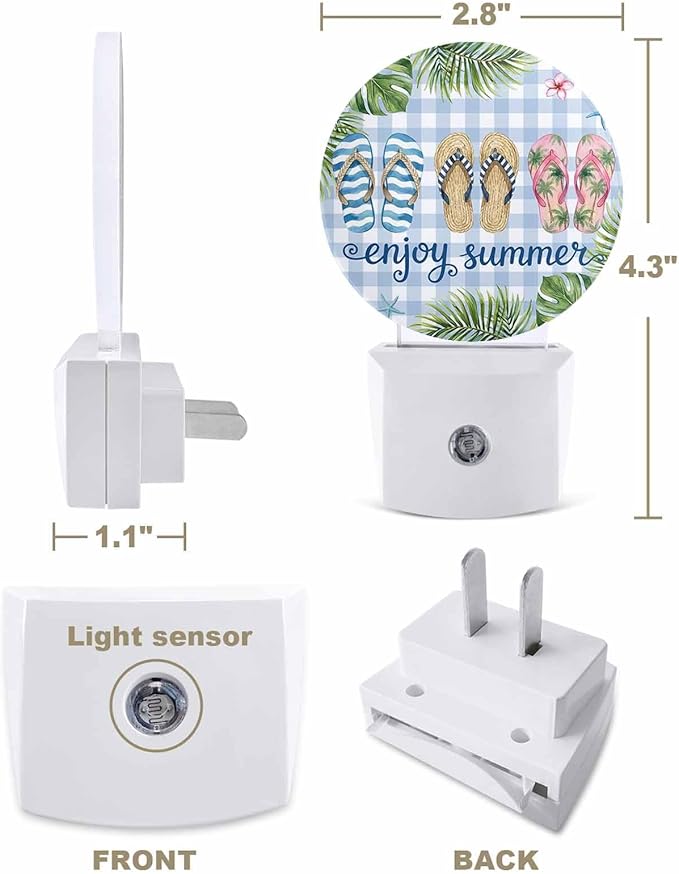 Night Lights Auto Sensor Flip Flops Night Light Enjoy Summer Green Palm Leaves Blue Plaid Round Lamp Plug-in LED Nightlights Dusk to Dawn for Living Room Bedroom Bathroom Hallway Wall Decor