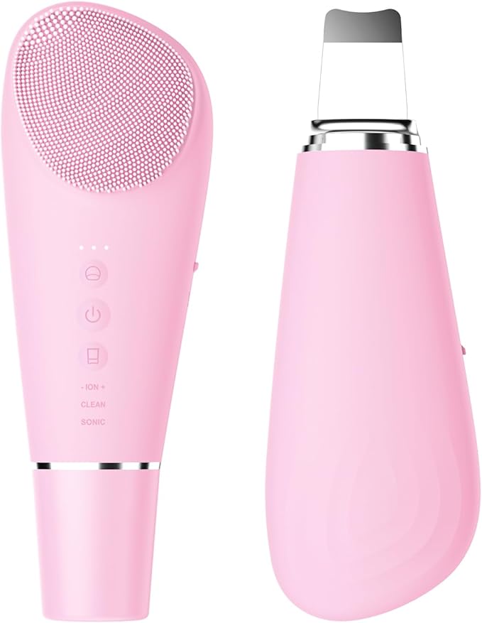 Silicone Face Scrubber Blackhead Scraper Rechargeable 2-in-1 Facial Cleansing Brush & Skin Spatula Duo, IPX7 Waterproof Exfoliating Massager Deep Cleansing for Women and Men(Light Pink)