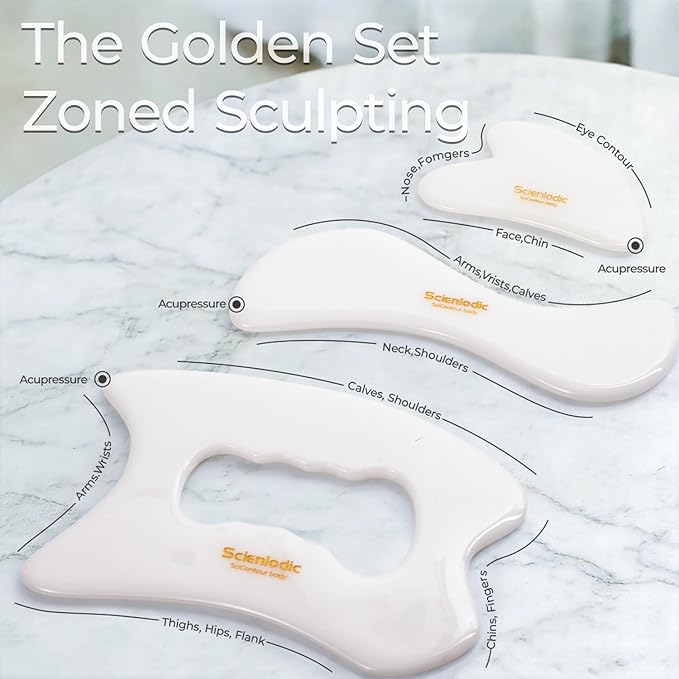 Scienlodic 3 Pcs Gua Sha Massage Tools for Face & Body (White, Resin) - Scraping Tools for Back, Legs & Muscle Relaxation, Guasha Facial Tool for Jawline Contouring & Puffiness Reduction
