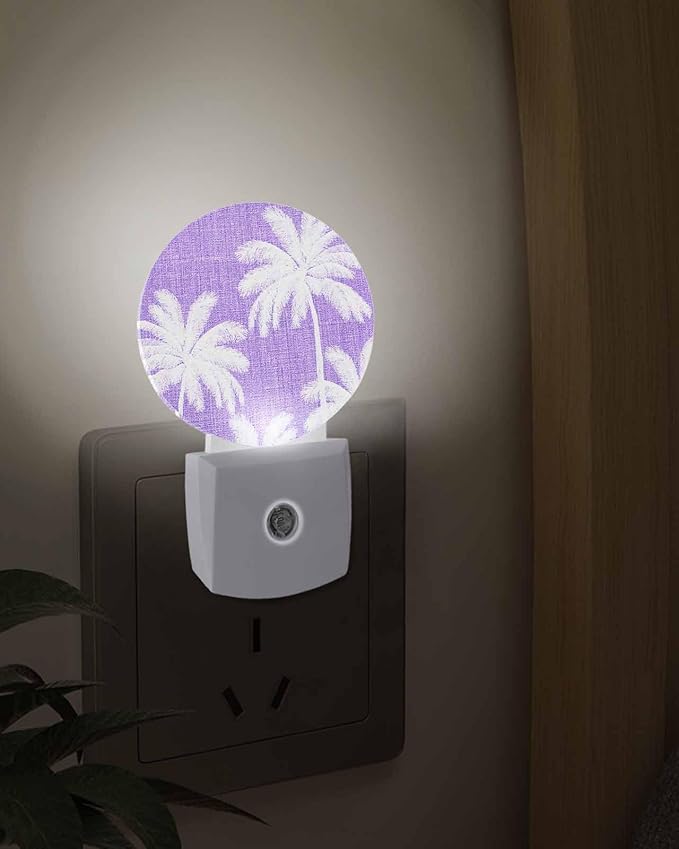 Night Lights Auto Sensor Tropical Palm Trees Night Light Purple Linen Coastal Round Lamp Plug-in LED Nightlights Dusk to Dawn for Living Room Bedroom Bathroom Hallway Wall Decor