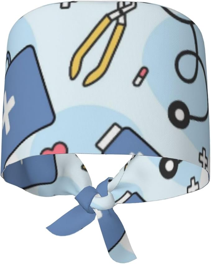 Adjustable Scrub Cap with Buttons & Sweatband, Working Hat with Elastic Tie Back, Unisex Nurse Surgical Caps for Women & Men