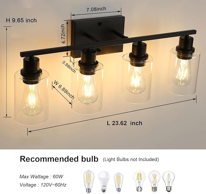 Bathroom Vanity Light Fixtures, 4-Light Matte Black Bathroom Lights, Wall Sconces with Clear Glass Shade for Hallway Farmhouse Bedroom Living Room