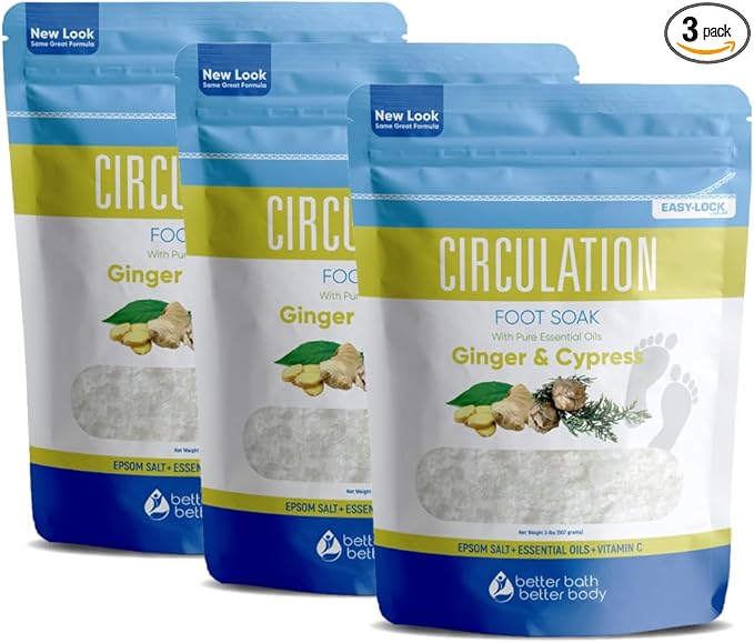 Circulation Foot Soak (3-Pack with Scoop) Foot Soaking Epsom Salts with Pure Essential Oils in BPA Free Pouch with Press-Lock Seal Made in USA, Three 2-Lbs Pouches 6-Lbs Total