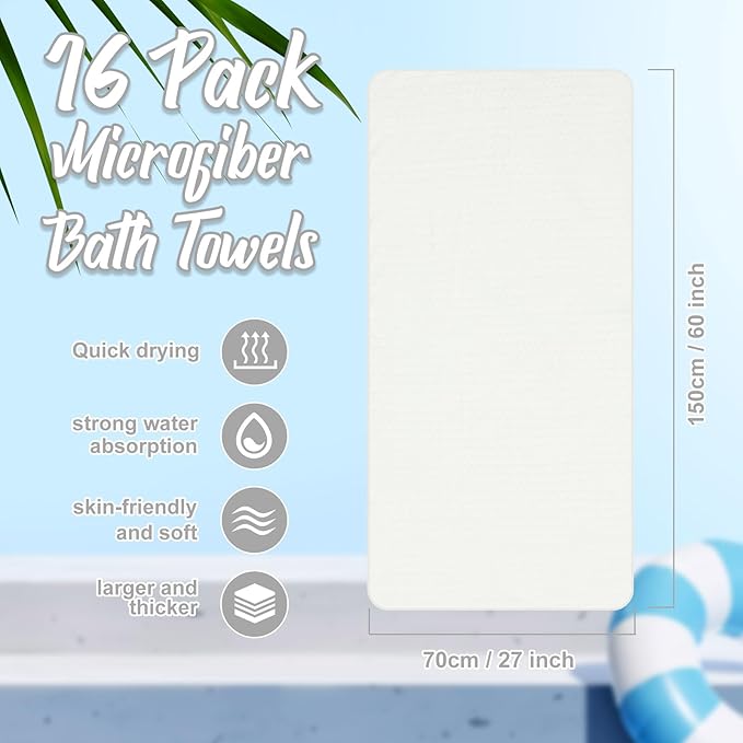SmoothNovelty 16 Pack Microfiber Bath Towels Bulk 27'' x 60'' Oversized Size Bath Towel Highly Absorbent Extra Large Soft Drying for Beach Shower Summer Salon Sport Gym Party (Wheat,White)
