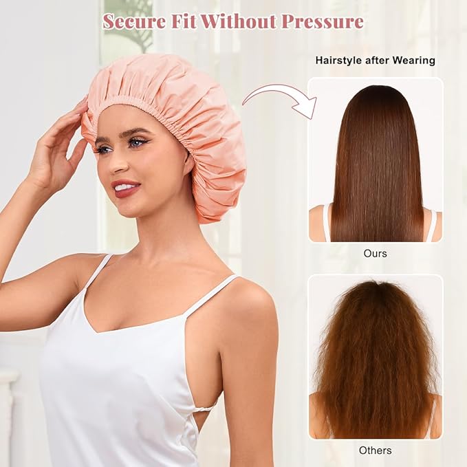 Shower Cap for Women Waterproof Reusable, Large Shower Cap Non-Slip with Elastic Band, Washable Bath Hair Hat for Long Hair, Braids (Flesh Pink)