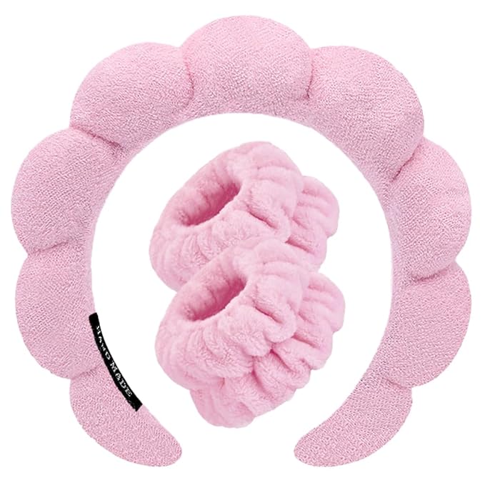 Tetizo Spa Headbands for Washing Face Wristband Set Sponge Makeup Skincare Headband Wrist Towels Bubble Soft Terry Towel Cloth Hairband for Women Puffy Headwear Non Slip Thick Hair Headwear (Pink)