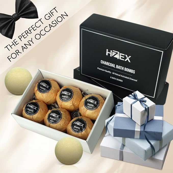 HZEX Charcoal Activated Bath Bombs for Men – Detox with Handmade Organic 6 Pack Bath Bomb Set, up to 3 Scents (Sandalwood, Bergamot, Ocean), Individually Wrapped (Bergamot)