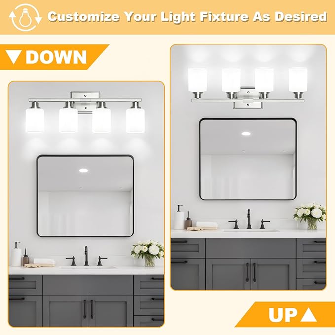 Unicozin 4-Light Bathroom Light Fixtures, Modern Brushed Nickel Vanity Light Over Mirror, Wall Sconces with Milky White Glass Shades for Living Room Bedroom Hallway E26 Base
