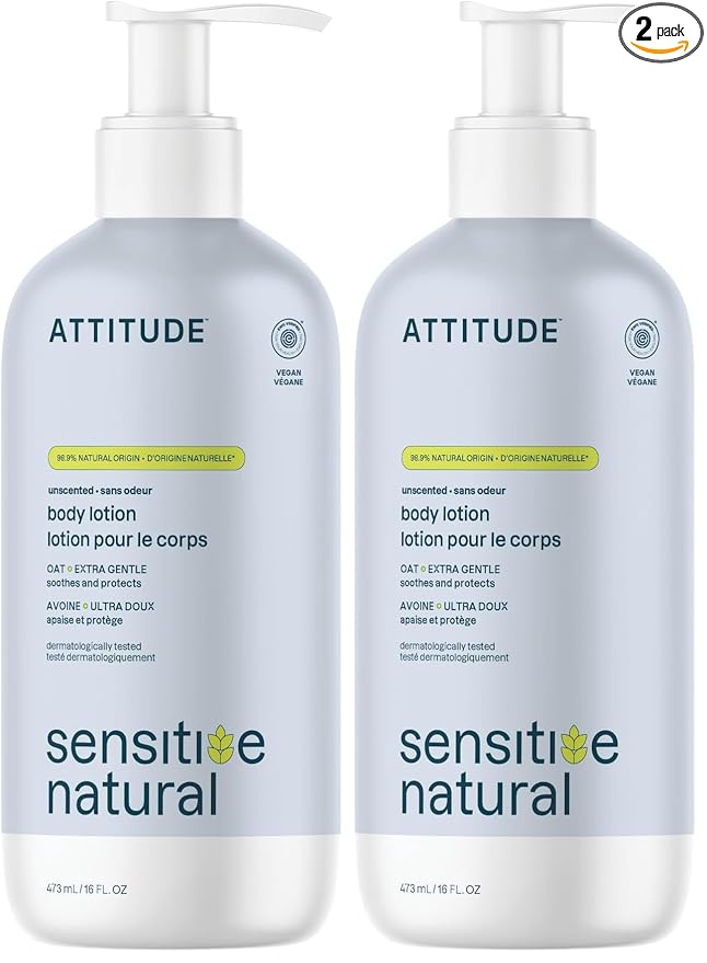 ATTITUDE Body Lotion for Sensitive Skin with Oat,EWG Verified,Dermatologically Tested,Vegan,Extra Gentle,Unscented,16 Fl Oz,(Pack of 2)